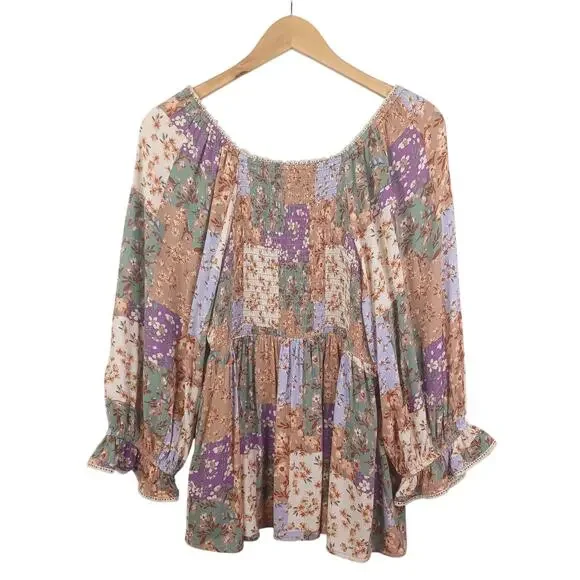 Cato Floral Patchwork Babydoll Boho Top L Milkmaid Smocked Cottagecore Peasant - Picture 6 of 11